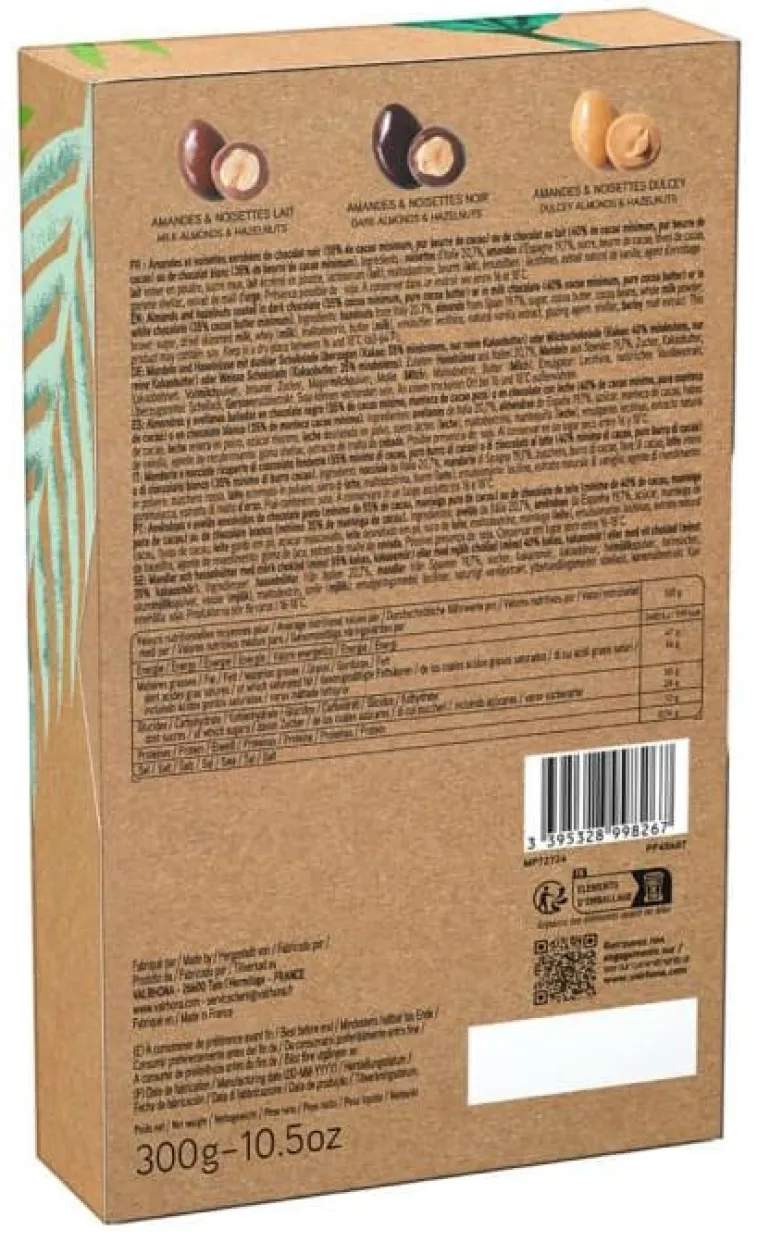 Coffret Equinoxe amandes noisettes chocolat noir, lait, dulcey 300 g Valrhona