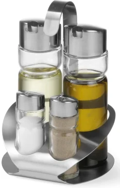 Ménagère inox 4 pièces poivre, sel, huile, vinaigre