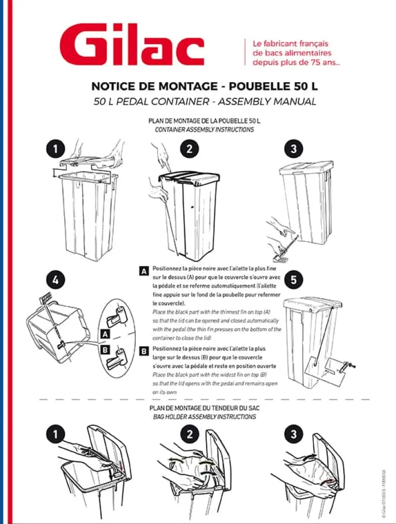 Poubelle à pédale + couvercle Modèle 50 litres Gilac