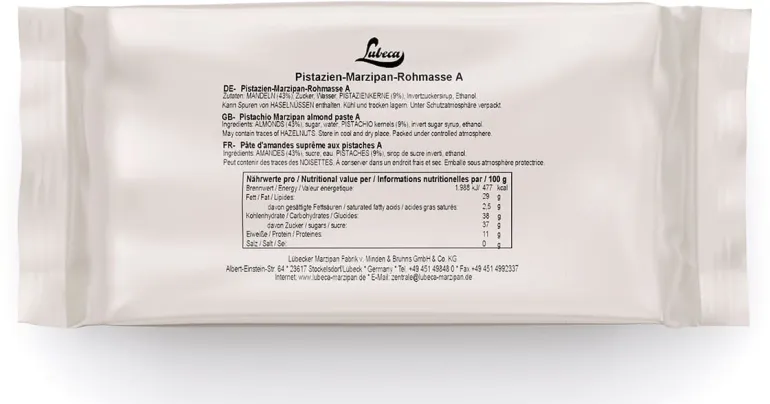 Pâte d'amande Suprême aux pistaches origine Méditerranée 1 kg Lubeca